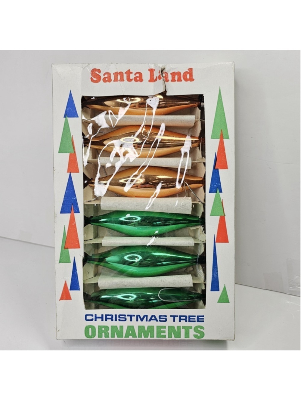 Vintage Santa Land Poland Glass Teardrop Christmas Ornaments Boxed Set Green...